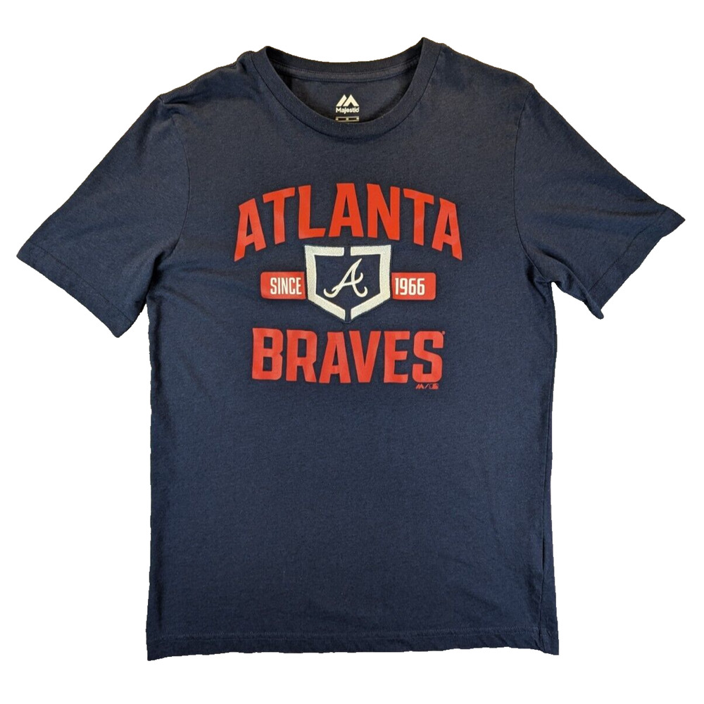 Atlanta Braves Shirt Men's Medium Tee Majestic Short Sleeve Navy Blue Casual